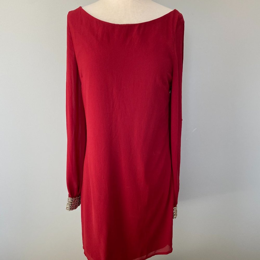 Burgundy Shift Dress Beaded Sleeves- Francesca's